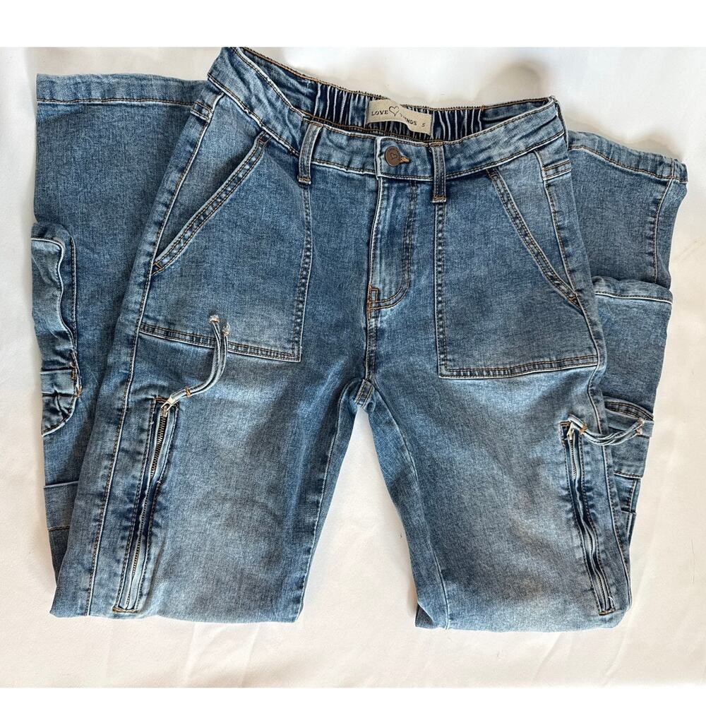 Y2K Wide Leg Cargo Pants Women’s 5 Medium Wash Denim Utility Streetwear - Picture 2 of 7